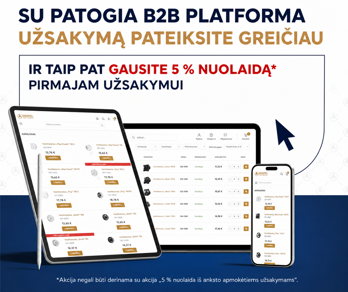 Dospel B2B platformos užsakymų baneris